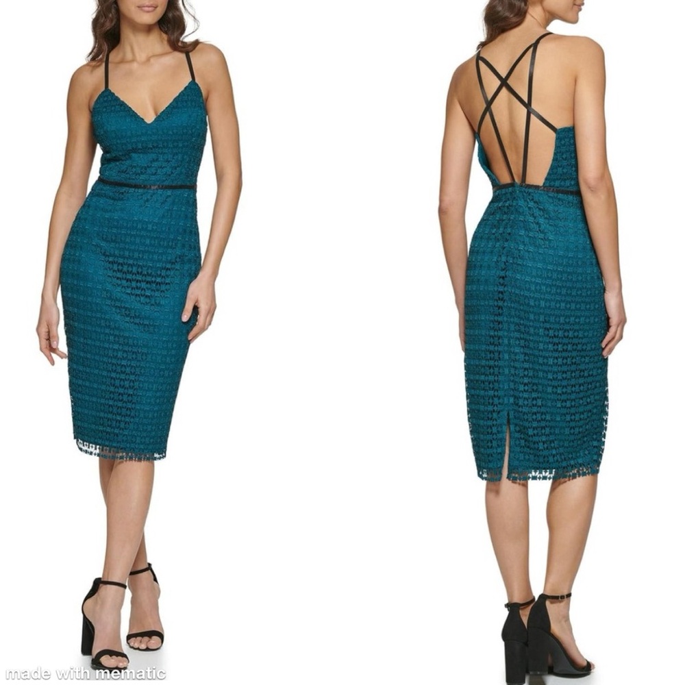 Guess teal strappy dress crochet lace overlay knee length special occasion sz 14